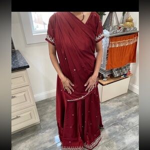 Embroidered Maroon Silk Lehenga with matching Saree and blouse. Medium